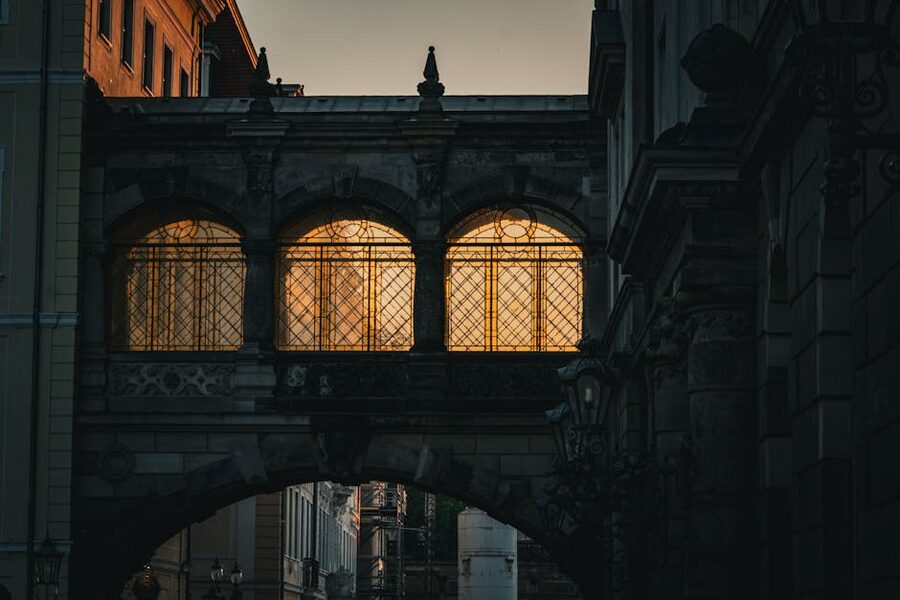 Historic archway in Dresden old town with sunset light