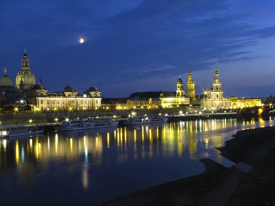 Elbe river at night with rising moon over Dresden