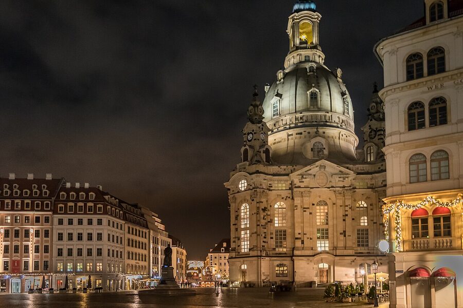 Aerial view of Dresden Frauenkirche at night