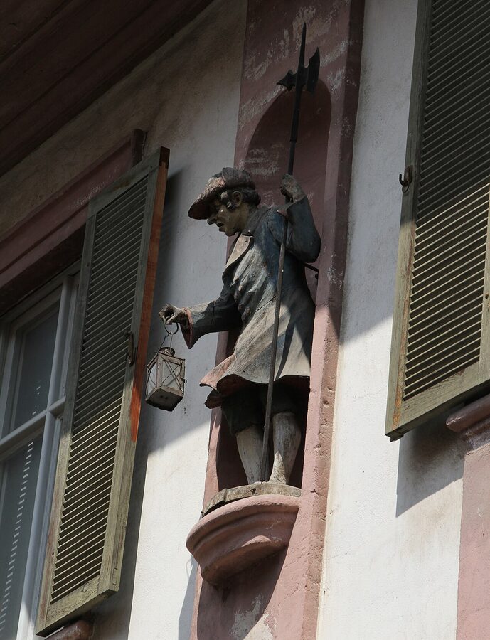 Historical Nachtwaechter night watchman figure with halberd, lantern and horn