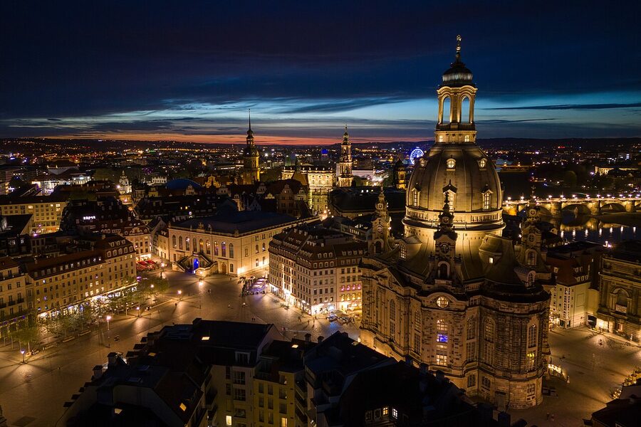 Frauenkirche and Neumarkt Dresden at night, aerial view
