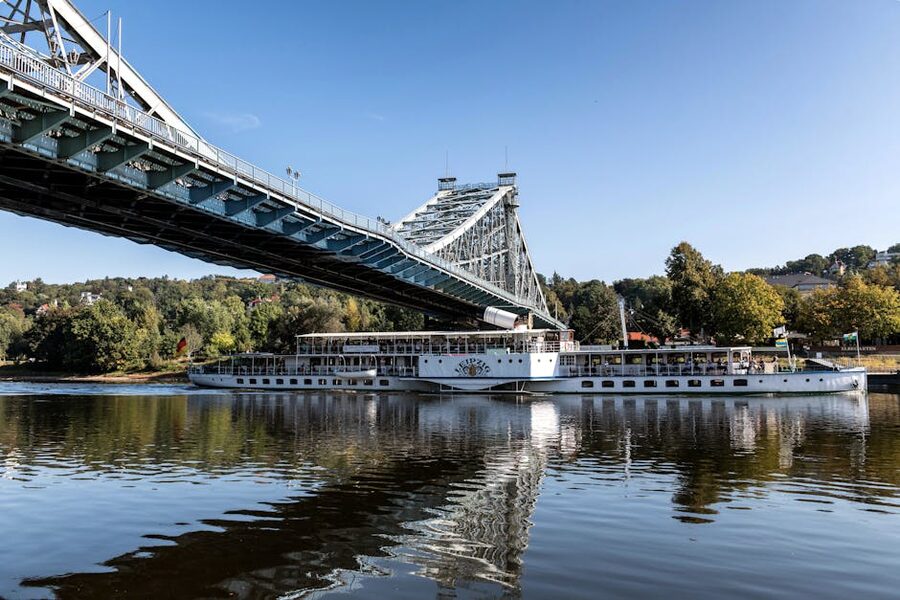 Blaues Wunder bridge over the Elbe with a Dresden paddle steamer