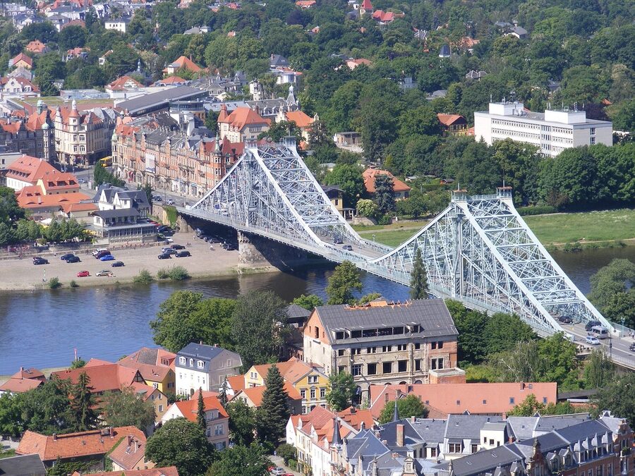 Blue Wonder steel bridge over the Elbe in Dresden