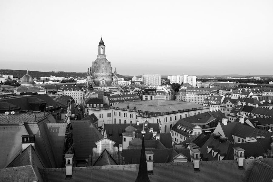 Aerial black and white view of Frauenkirche Dresden