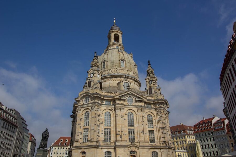 Close-up of the Frauenkirche Dresden facade showing dark and light stones