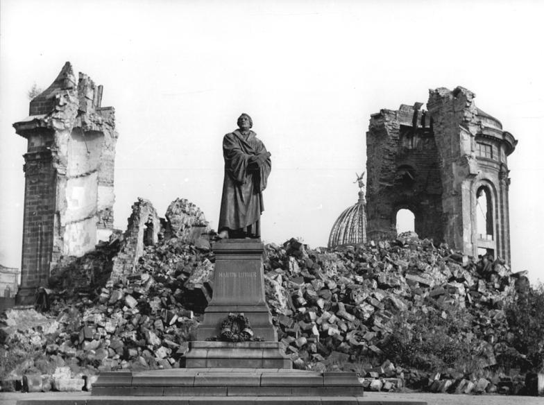Ruins of the Frauenkirche Dresden in 1958 with Martin Luther statue