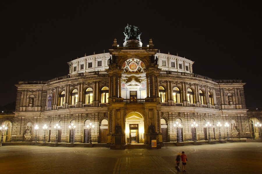 Semperoper Dresden facade arches lit at night