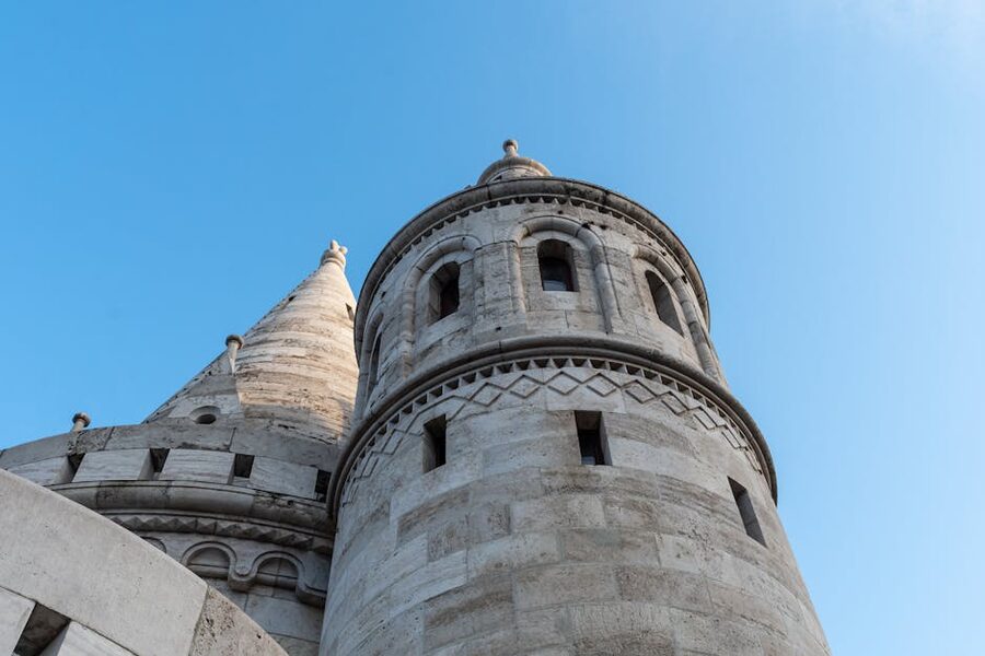 Looking up at the white turrets of Fishermans Bastion