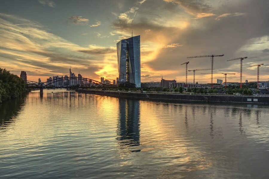 Frankfurt ECB tower and skyline at sunset reflecting in the Main River