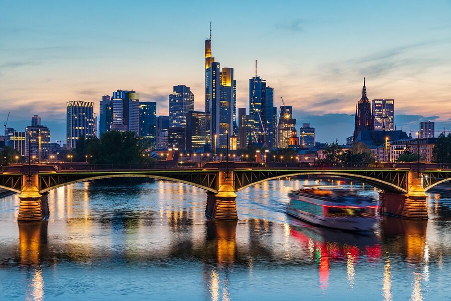 Frankfurt Main River at sunset with sightseeing boat