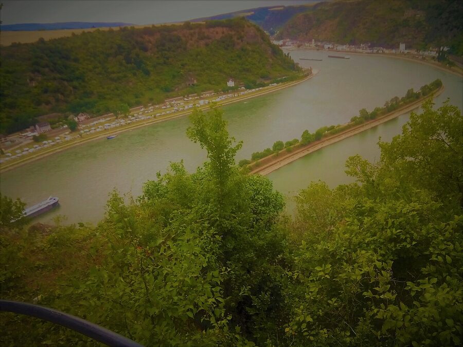 Rhine River bending around the Loreley cliff in the Middle Rhine valley