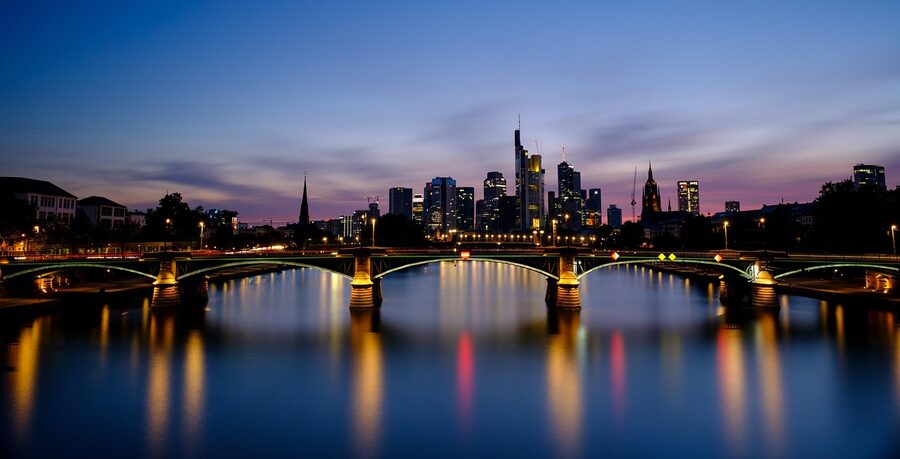 Frankfurt bridge over the Main River at night