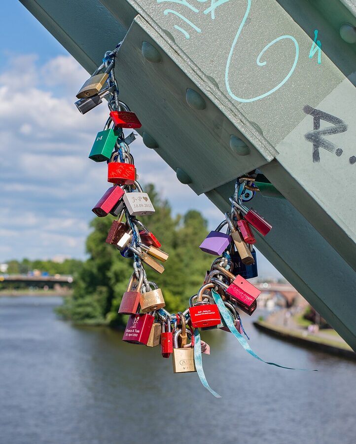 Love padlocks on Eiserner Steg bridge Frankfurt