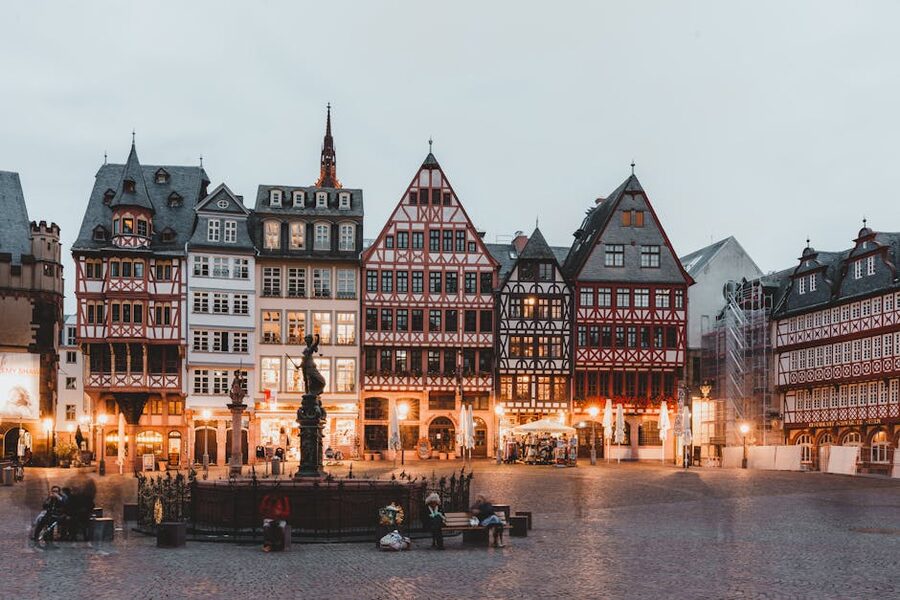 Romer Square at dusk with half-timbered houses