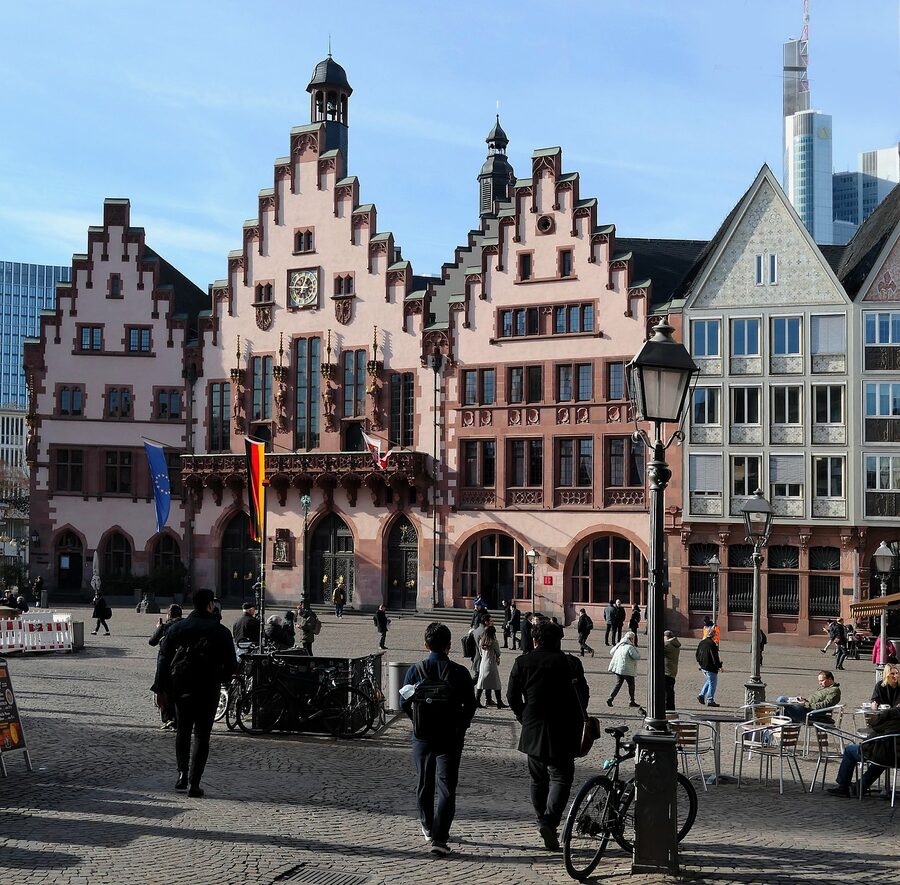 Romerberg plaza with town hall and crowds Frankfurt