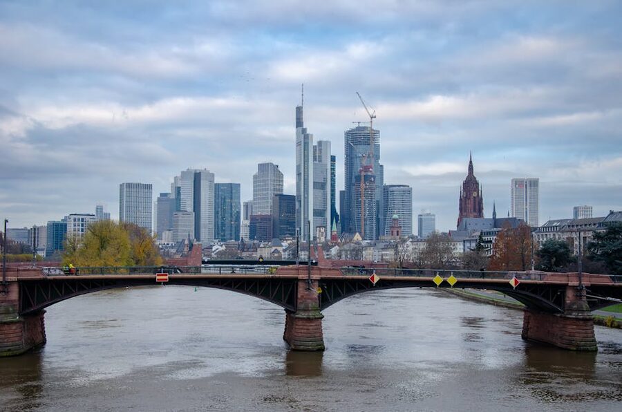 Frankfurt skyline with old bridge over the Main River