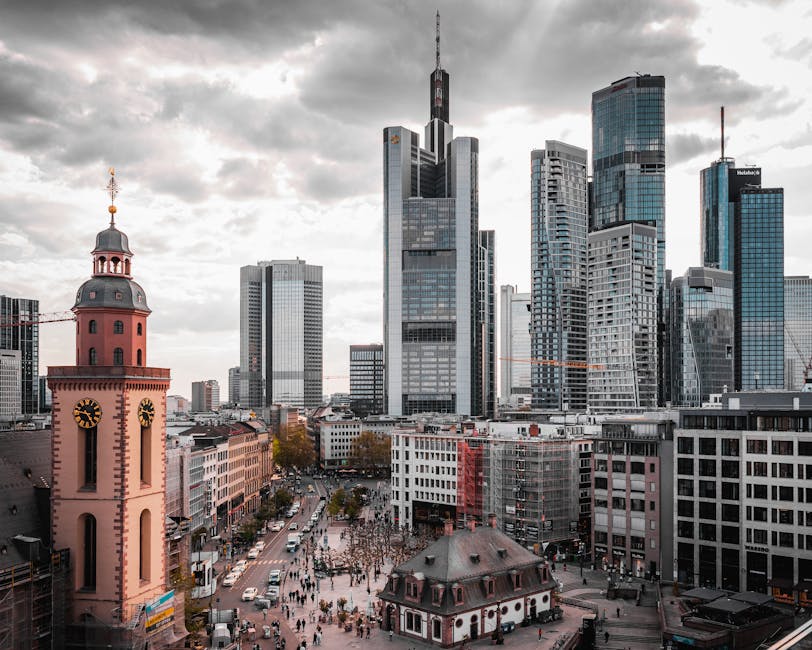 Frankfurt skyscrapers behind historic church