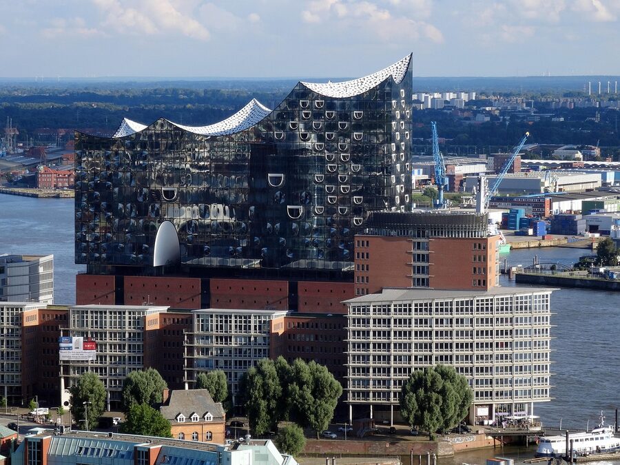 Aerial view of the Elbphilharmonie at the tip of HafenCity Hamburg