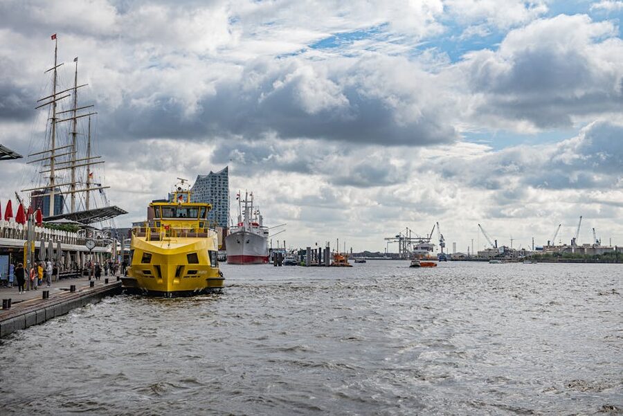 Elbe River with Elbphilharmonie and Hamburg harbor activity