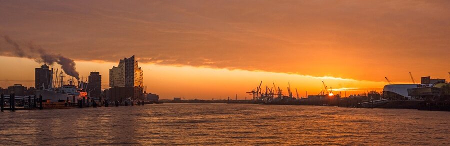 Hamburg Elbe at sunset with Elbphilharmonie