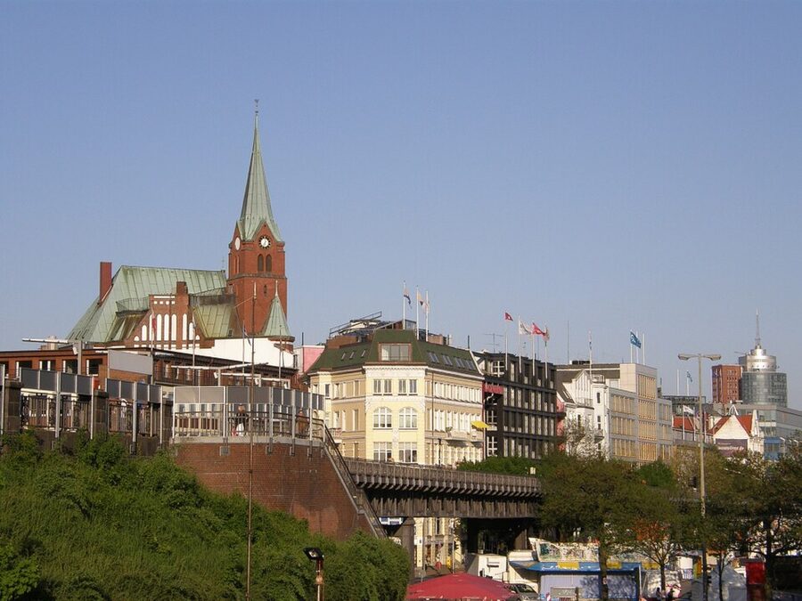St Pauli Landungsbruecken pier from above