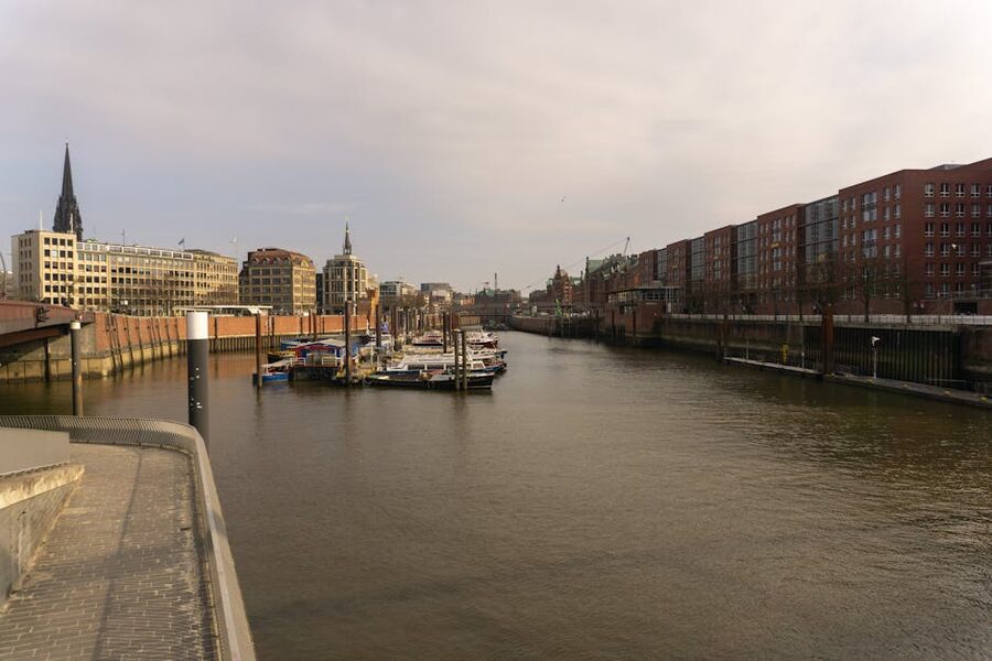 Hamburg port and harbor architecture seen from the Elbe