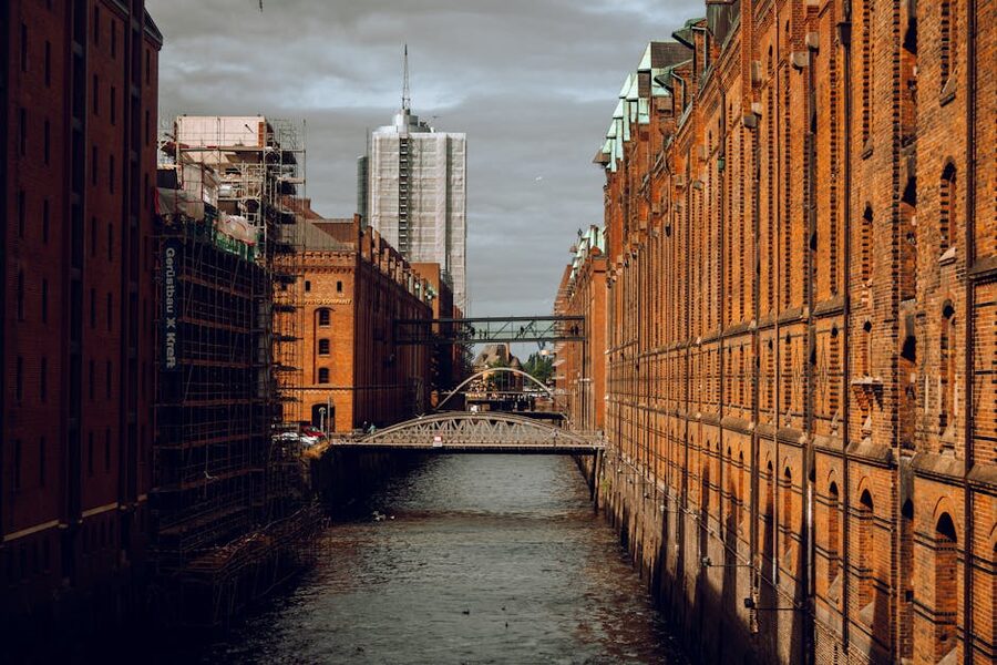 Speicherstadt canal with red brick warehouses