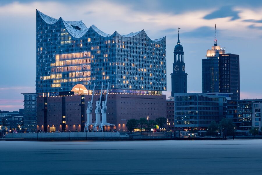 Hamburg Elbphilharmonie and Speicherstadt seen from harbor
