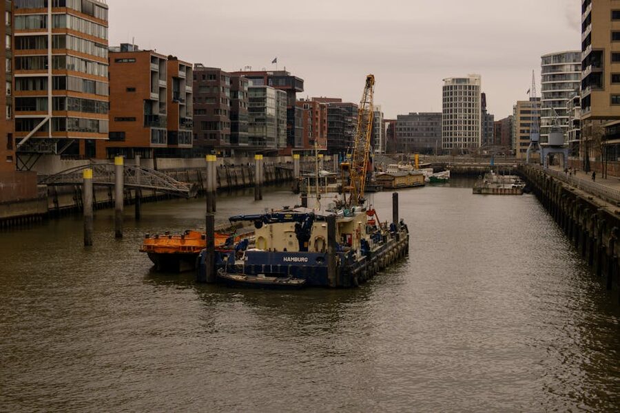 Hamburg HafenCity buildings and harbor waterfront