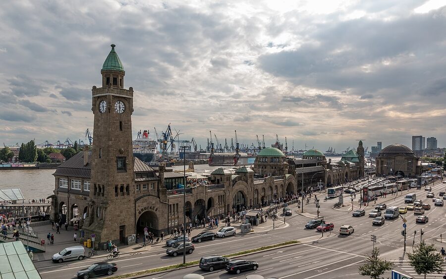 St Pauli Landungsbrucken piers in Hamburg with red brick clock tower