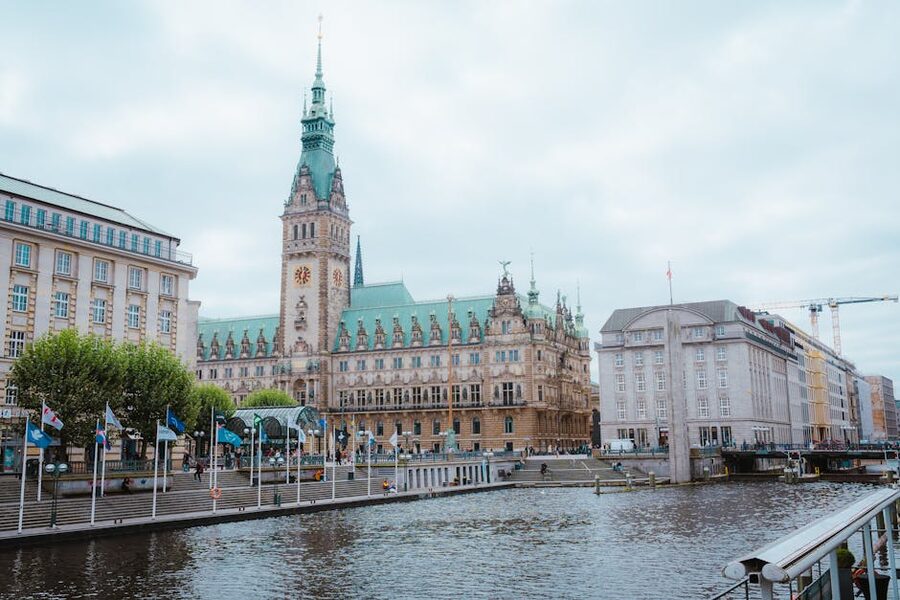 Hamburg Town Hall and canal on a cloudy day