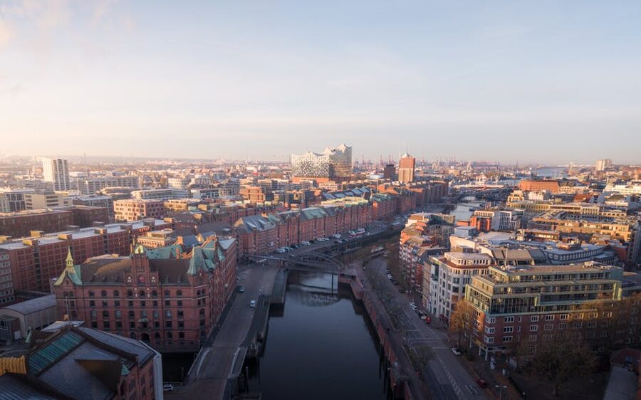 Aerial view of Hamburg Speicherstadt warehouse district at daylight