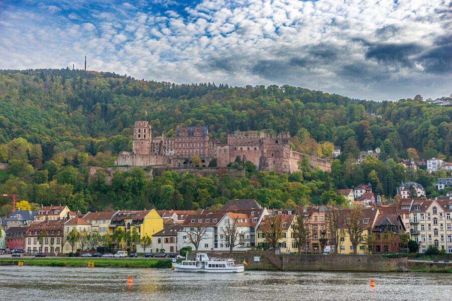 Heidelberg Castle above the Old Town with Neckar River below