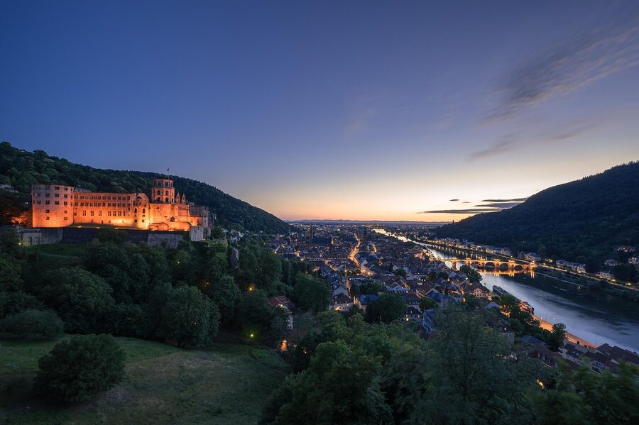 Heidelberg historic centre at blue hour with city lights