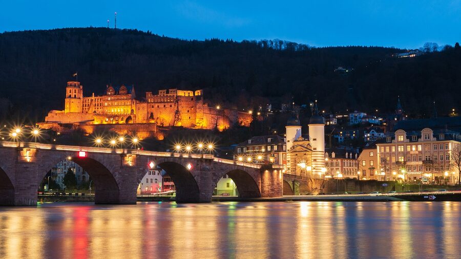Heidelberg castle blue hour view with bridge over Neckar