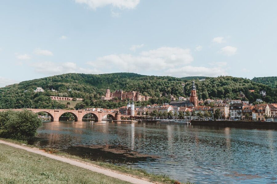Karl Theodor Bridge over the Neckar in Heidelberg from the riverbank