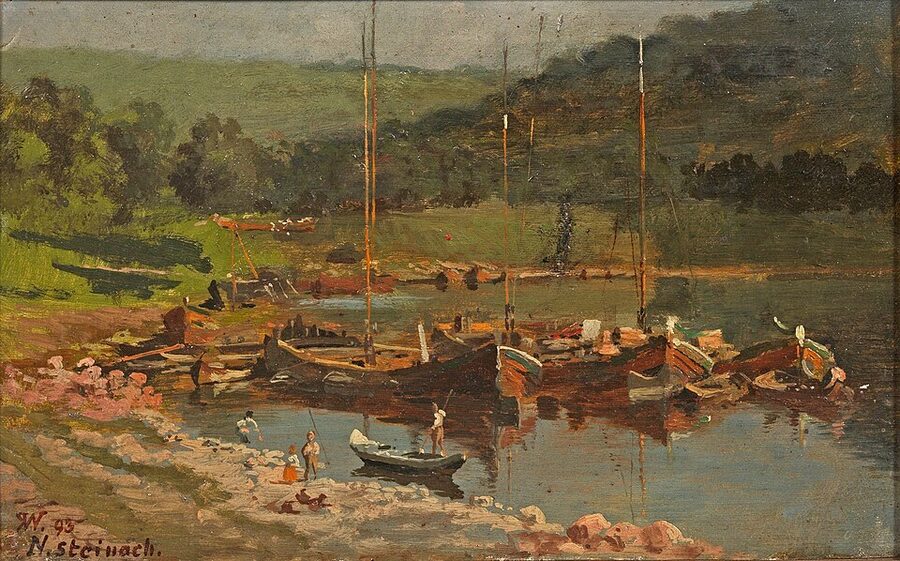 Karl Weysser 1893 painting of ships at Neckarsteinach