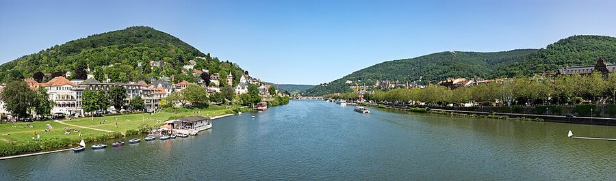 Neckar panorama from Theodor-Heuss bridge looking east in Heidelberg