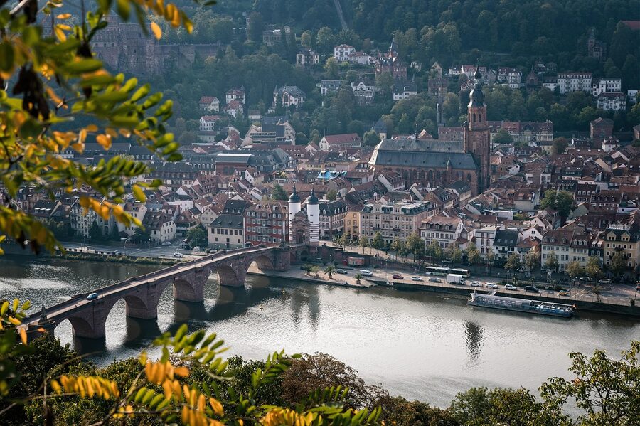 Heidelberg old bridge and Neckar river townscape