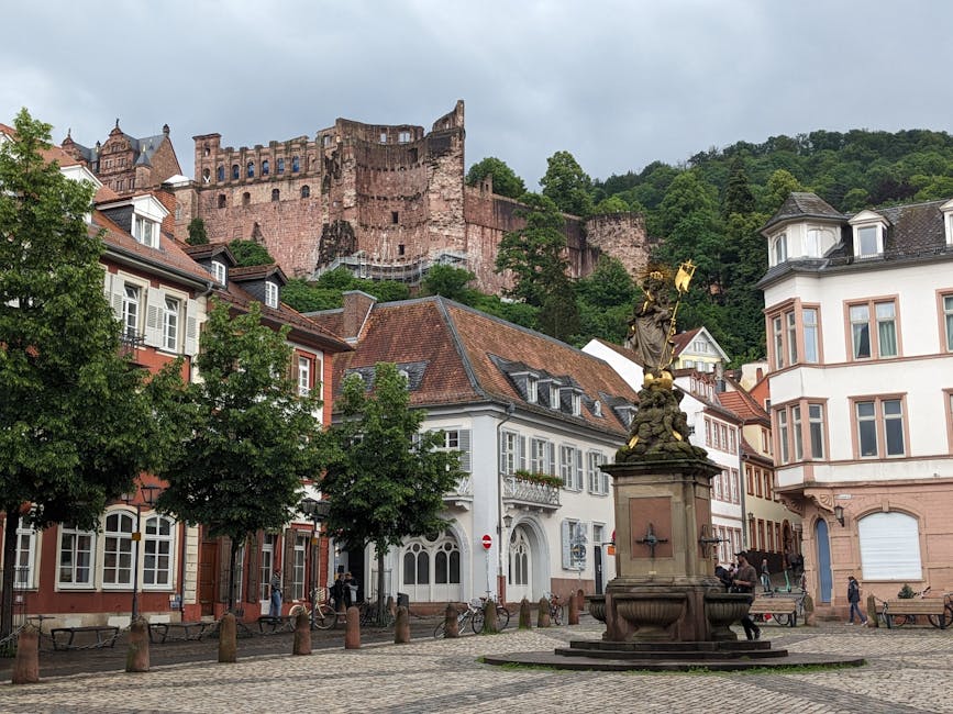 Heidelberg old town square with castle behind