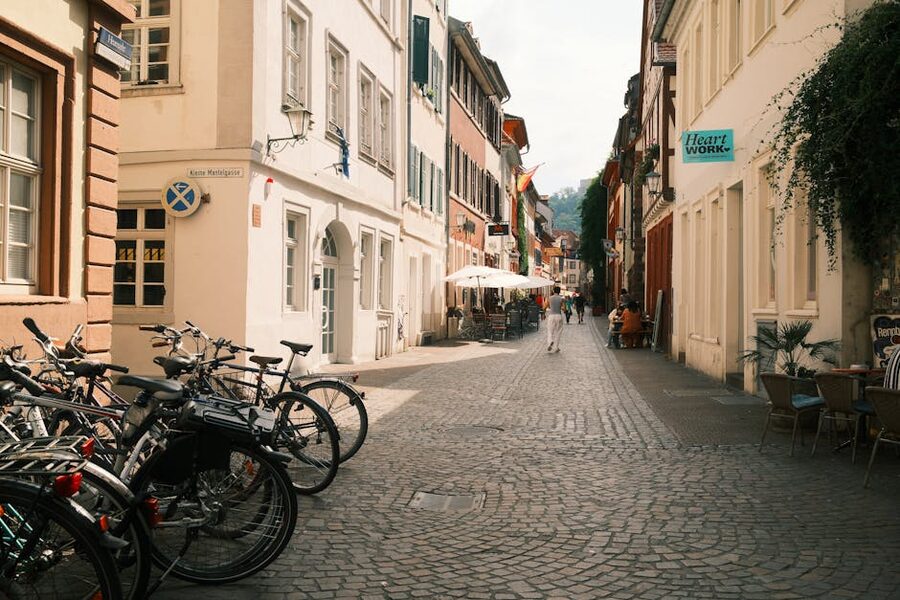 Heidelberg Old Town side street with bicycles outside cafes