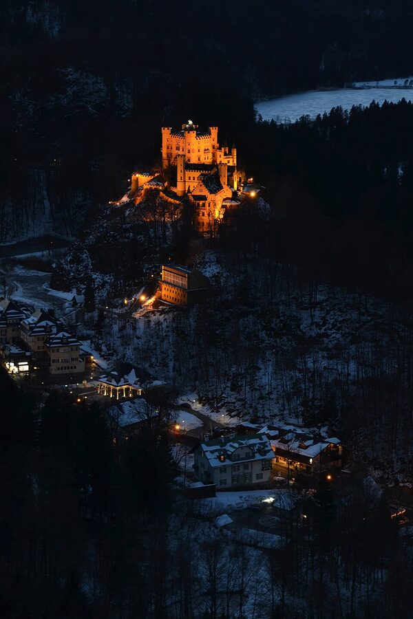 Hohenschwangau village with castle on hilltop