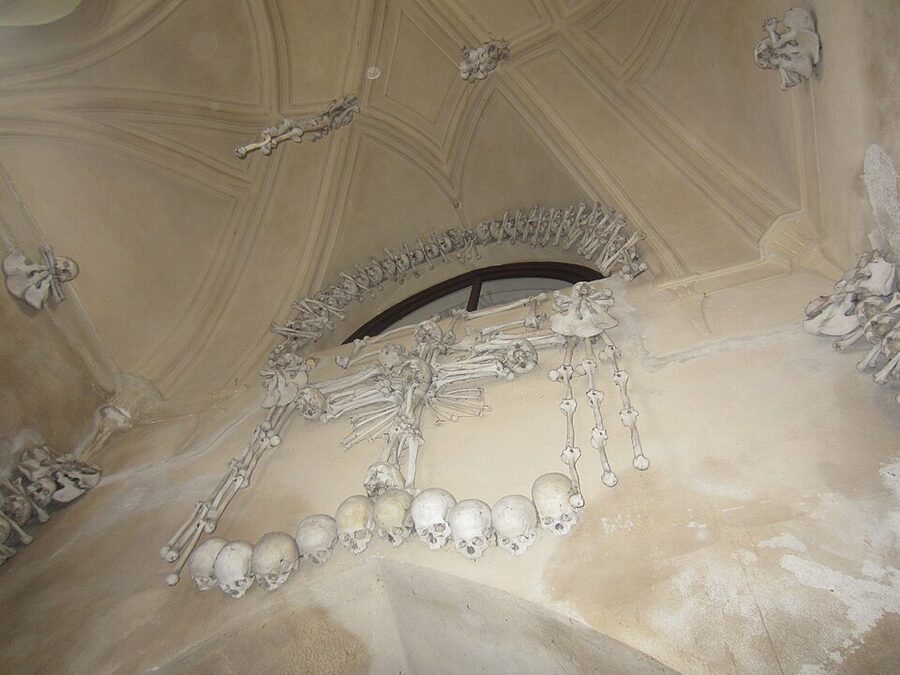 Bone chandelier inside Sedlec Ossuary Kutna Hora