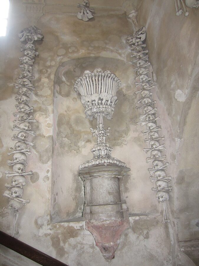 Sedlec Ossuary interior decorated with human bones in Kutna Hora