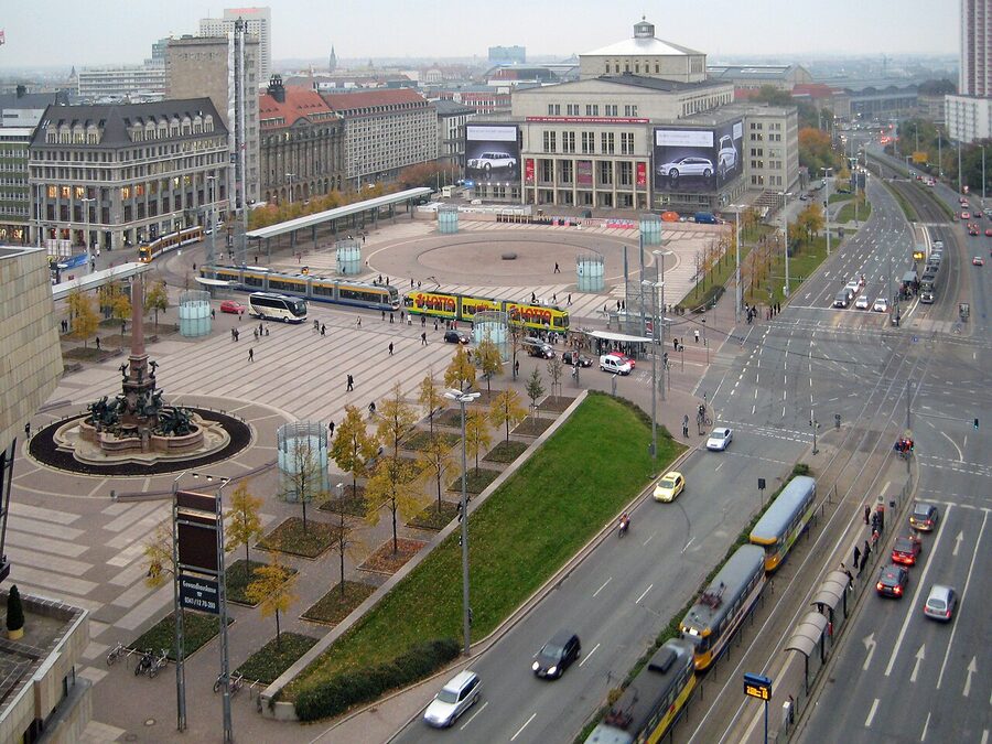 Leipzig Augustusplatz aerial view with Opera House and Gewandhaus
