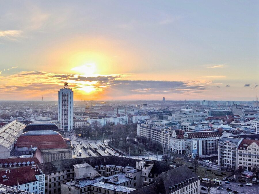 Leipzig city skyline at sunrise