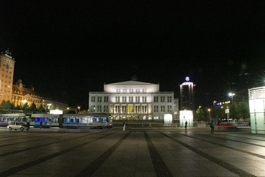 Leipzig Opera House illuminated at night on Augustusplatz