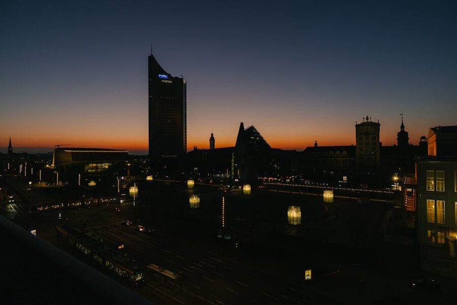 Leipzig skyline at twilight with city lights