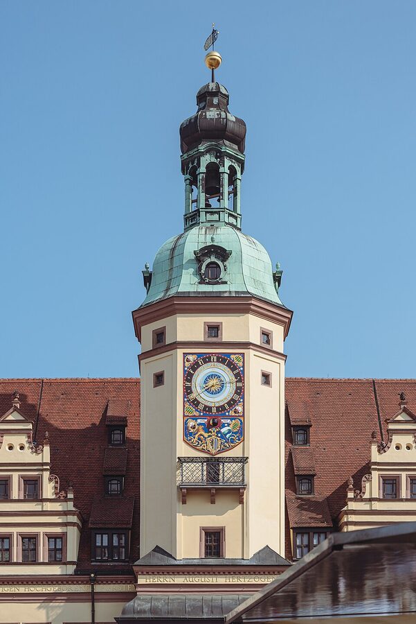 Tower of the Old Town Hall in Leipzig with clock face visible
