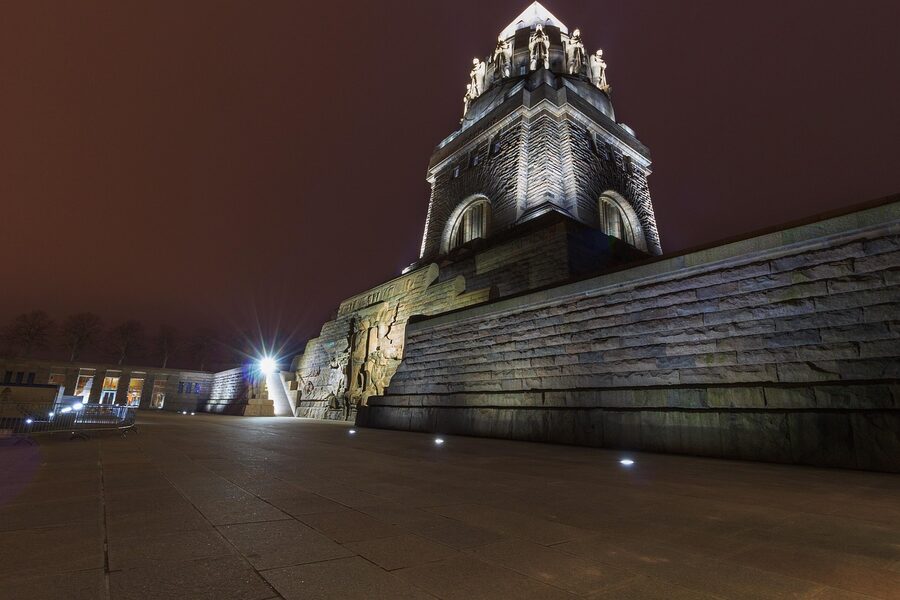 Leipzig historic architecture at night with illuminated facades